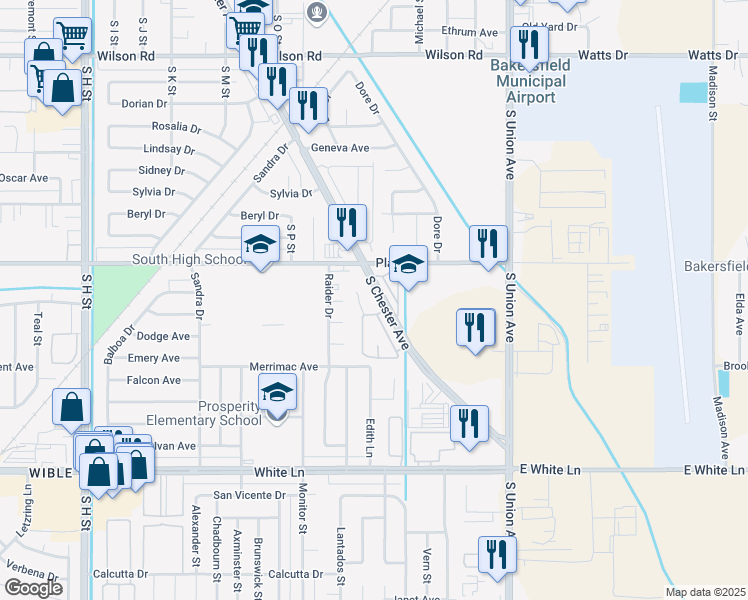 map of restaurants, bars, coffee shops, grocery stores, and more near 15 South Chester Avenue in Bakersfield