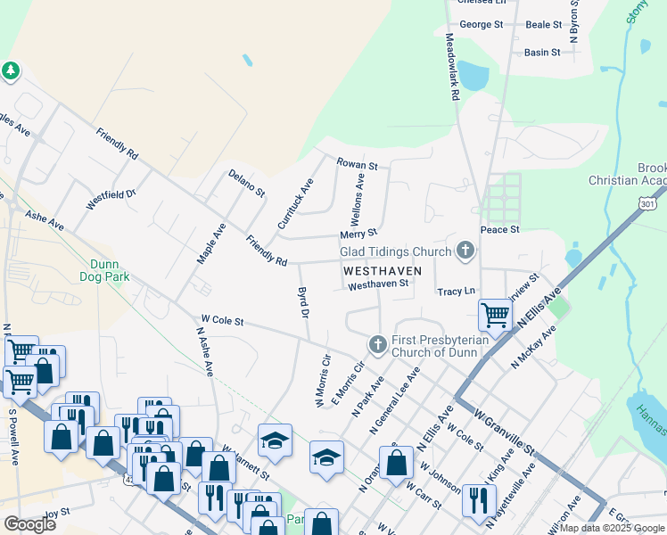 map of restaurants, bars, coffee shops, grocery stores, and more near 1305 Wellons Avenue in Dunn