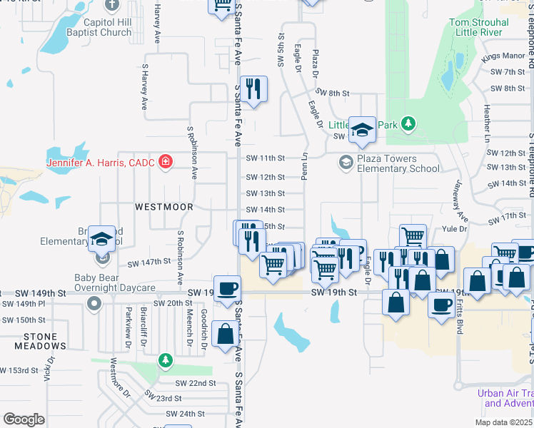 map of restaurants, bars, coffee shops, grocery stores, and more near 1000 Southwest 14th Street in Moore