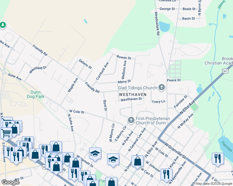 map of restaurants, bars, coffee shops, grocery stores, and more near 1305 Wellons Avenue in Dunn