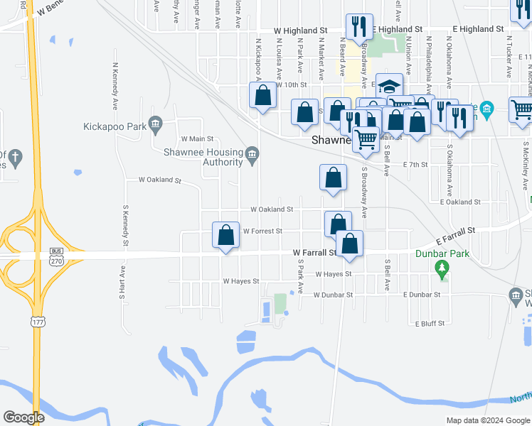 map of restaurants, bars, coffee shops, grocery stores, and more near 415 West Oakland Street in Shawnee