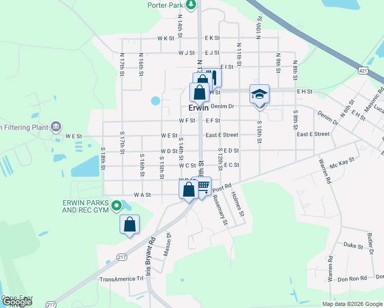 map of restaurants, bars, coffee shops, grocery stores, and more near 105 West D Street in Erwin