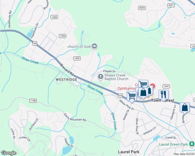map of restaurants, bars, coffee shops, grocery stores, and more near 2125 Pisgah Drive in Hendersonville