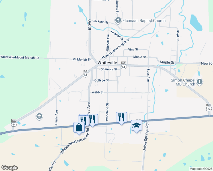 map of restaurants, bars, coffee shops, grocery stores, and more near 207 Woodland Street in Whiteville