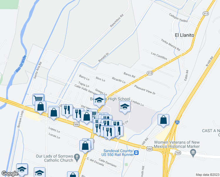 map of restaurants, bars, coffee shops, grocery stores, and more near 339 North Camino Del Pueblo in Bernalillo