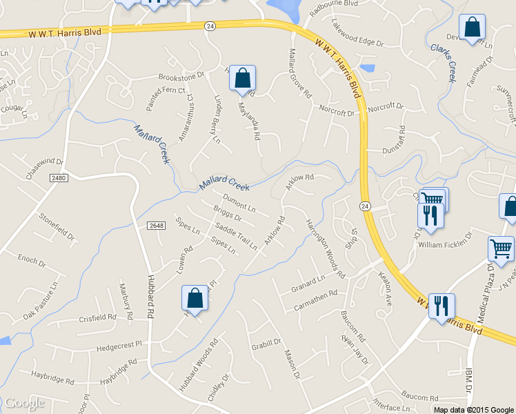 map of restaurants, bars, coffee shops, grocery stores, and more near 6223 Dumont Lane in Charlotte