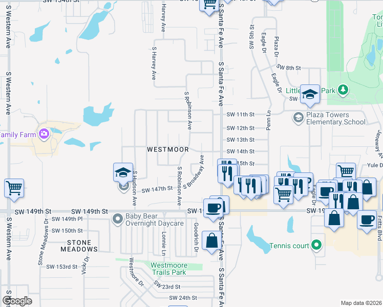 map of restaurants, bars, coffee shops, grocery stores, and more near 14508 South Robinson Avenue in Oklahoma City