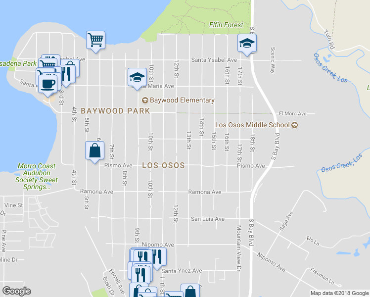 map of restaurants, bars, coffee shops, grocery stores, and more near 1550 12th Street in Baywood-Los Osos