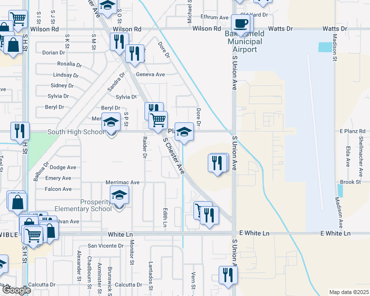 map of restaurants, bars, coffee shops, grocery stores, and more near 313 Planz Road in Bakersfield