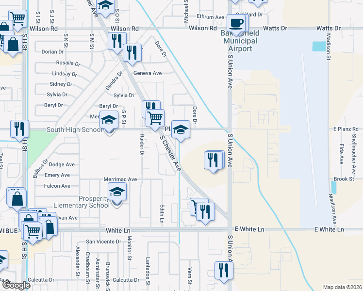 map of restaurants, bars, coffee shops, grocery stores, and more near 313 Planz Road in Bakersfield