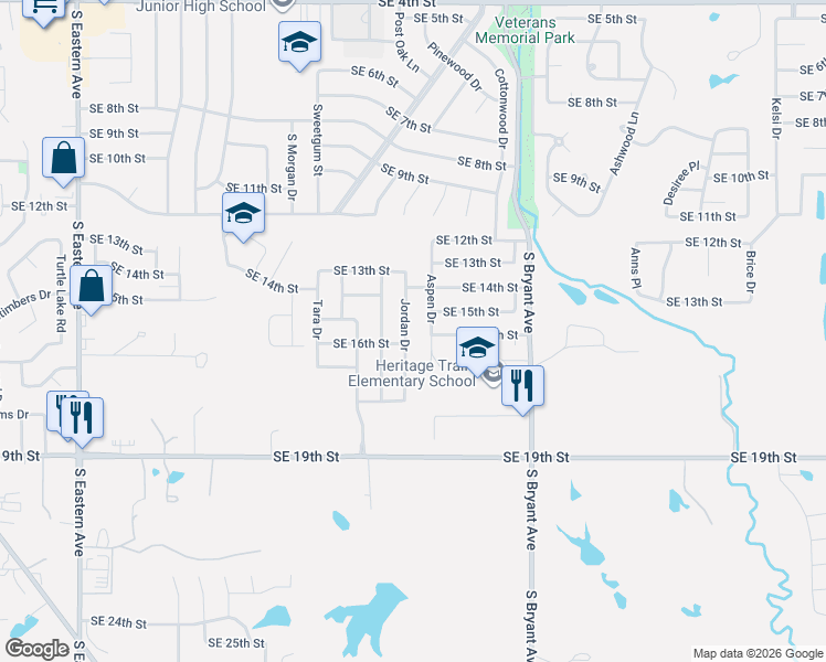 map of restaurants, bars, coffee shops, grocery stores, and more near 1616 Jordan Drive in Moore