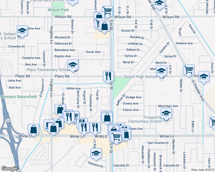 map of restaurants, bars, coffee shops, grocery stores, and more near 1716 Julian Avenue in Bakersfield