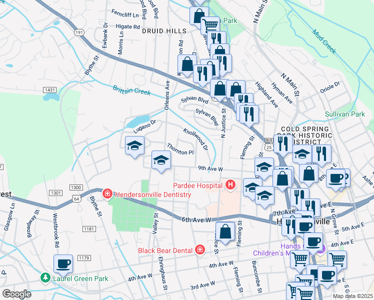 map of restaurants, bars, coffee shops, grocery stores, and more near 914 Thornton Place in Hendersonville