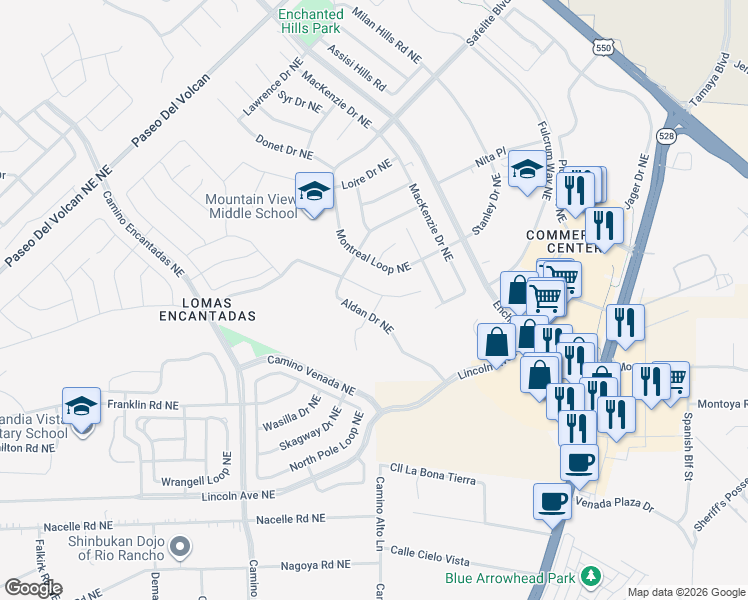 map of restaurants, bars, coffee shops, grocery stores, and more near 7326 Kodiak Road Northeast in Rio Rancho
