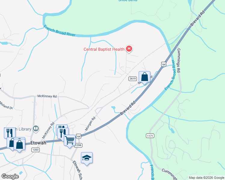 map of restaurants, bars, coffee shops, grocery stores, and more near 32 McKinney Meadows Court in Etowah
