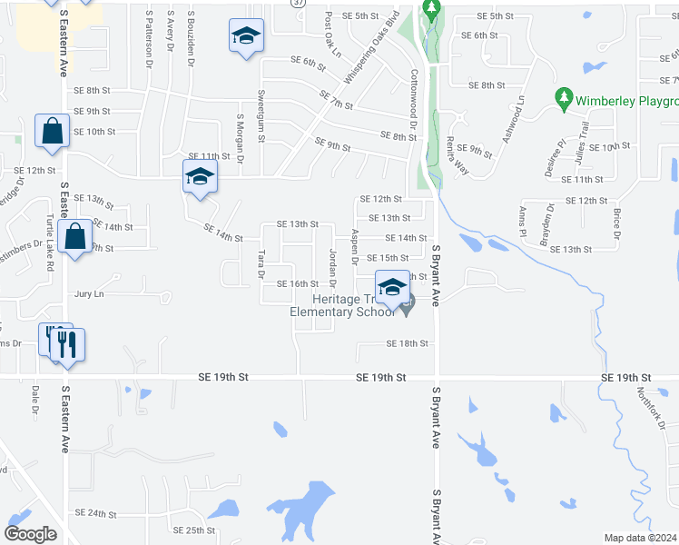 map of restaurants, bars, coffee shops, grocery stores, and more near 1608 Jordan Drive in Moore