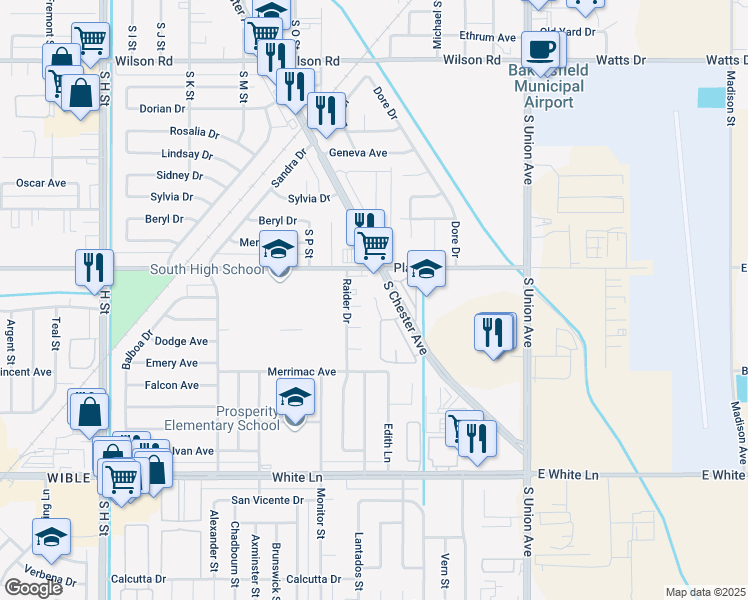 map of restaurants, bars, coffee shops, grocery stores, and more near 700 Idlewood Court in Bakersfield