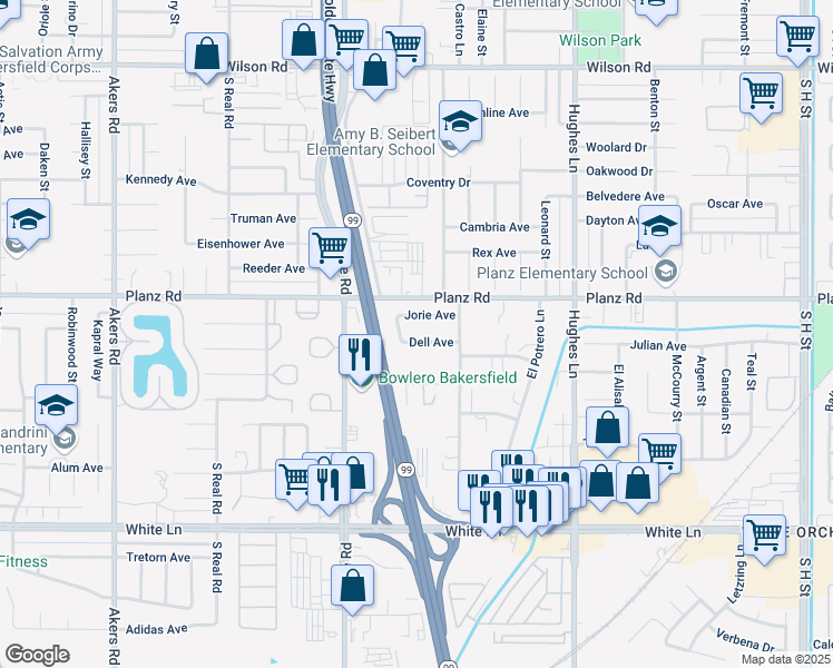 map of restaurants, bars, coffee shops, grocery stores, and more near 2913 Dell Avenue in Bakersfield