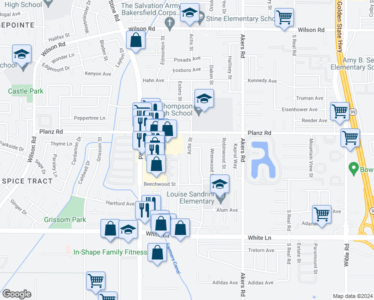 map of restaurants, bars, coffee shops, grocery stores, and more near 3404 Actis Street in Bakersfield
