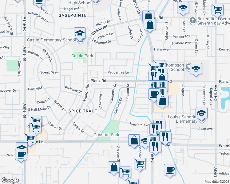 map of restaurants, bars, coffee shops, grocery stores, and more near 3413 Cardamon Drive in Bakersfield