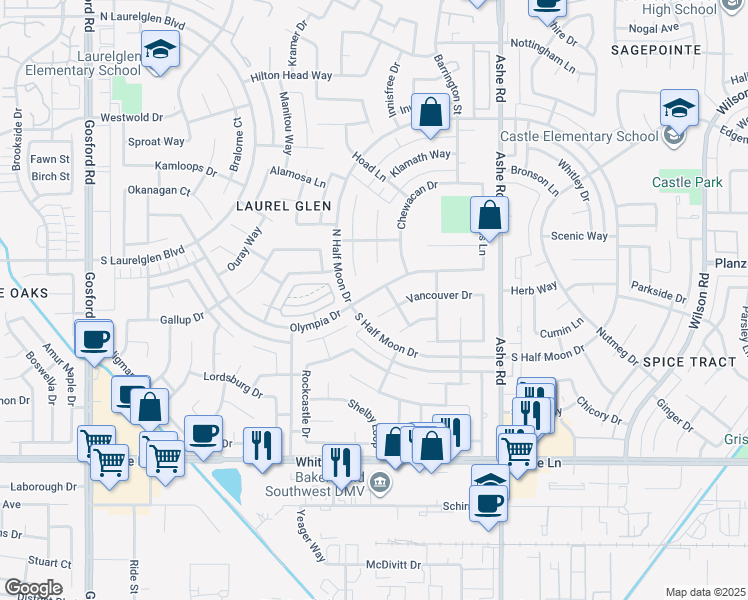 map of restaurants, bars, coffee shops, grocery stores, and more near 6821 Olympia Drive in Bakersfield