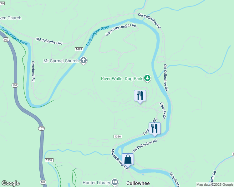 map of restaurants, bars, coffee shops, grocery stores, and more near 79 Oneida Lane in Cullowhee