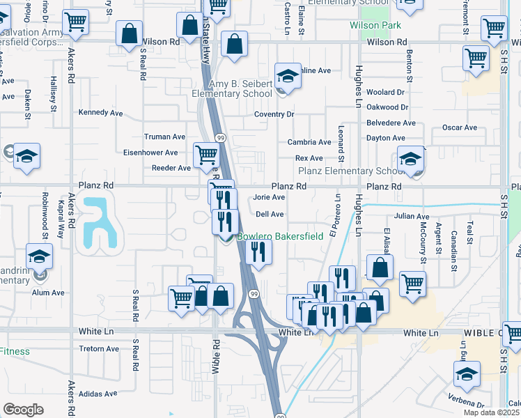 map of restaurants, bars, coffee shops, grocery stores, and more near 2913 Dell Avenue in Bakersfield