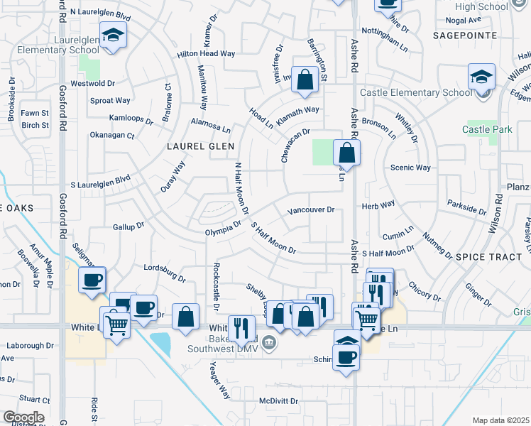 map of restaurants, bars, coffee shops, grocery stores, and more near 6821 Olympia Drive in Bakersfield
