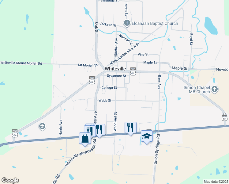 map of restaurants, bars, coffee shops, grocery stores, and more near 207 Woodland Street in Whiteville