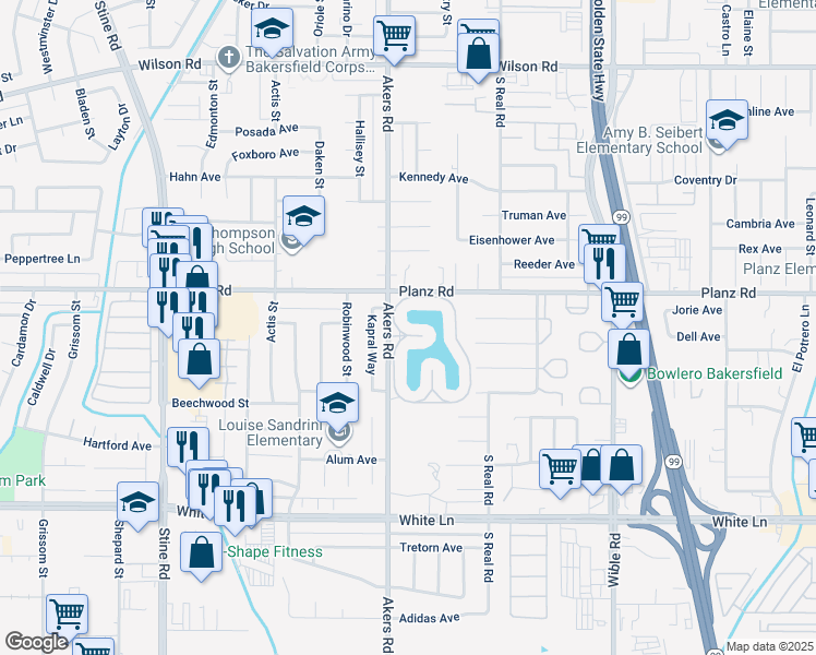 map of restaurants, bars, coffee shops, grocery stores, and more near 4157 Pinewood Lake Drive in Bakersfield