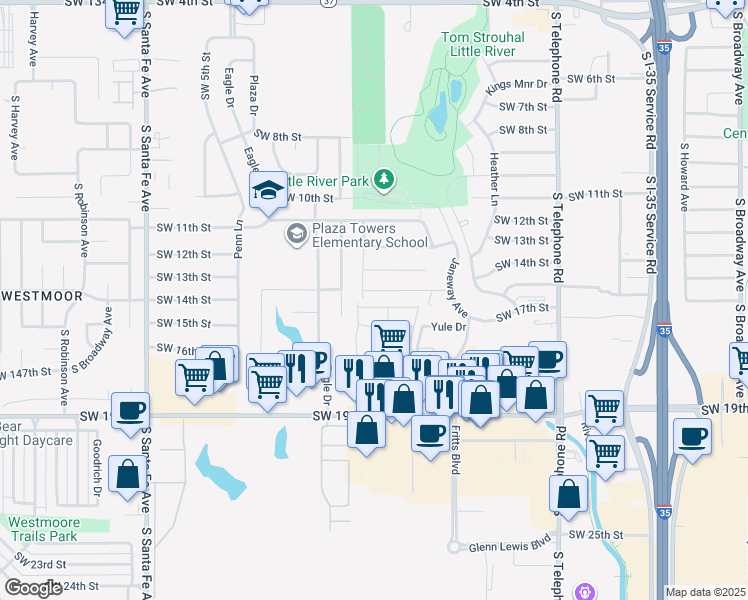 map of restaurants, bars, coffee shops, grocery stores, and more near 1420 Ridgeway Drive in Moore