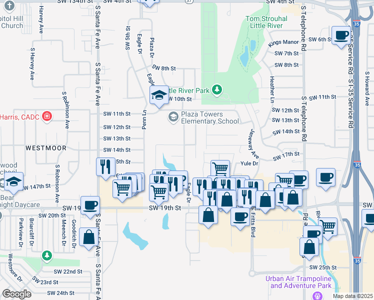 map of restaurants, bars, coffee shops, grocery stores, and more near 1404 Eagle Drive in Moore