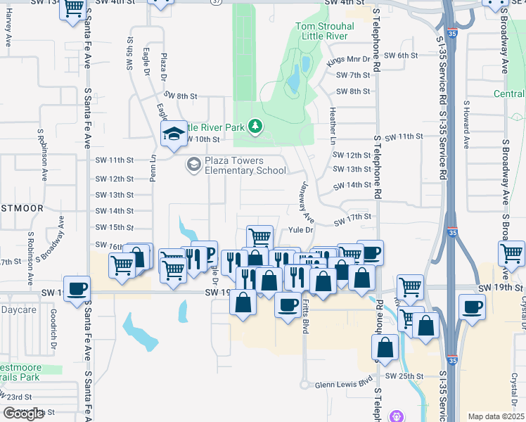 map of restaurants, bars, coffee shops, grocery stores, and more near 754 Southwest 14th Street in Moore