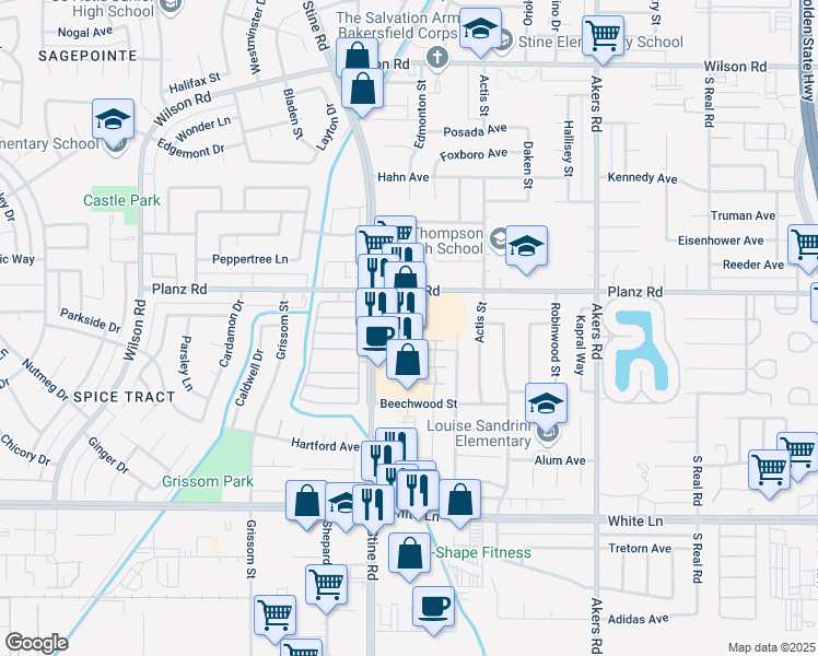 map of restaurants, bars, coffee shops, grocery stores, and more near 3400 Stine Road in Bakersfield