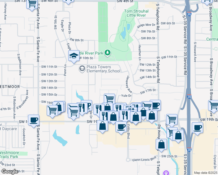 map of restaurants, bars, coffee shops, grocery stores, and more near 754 Southwest 14th Street in Moore