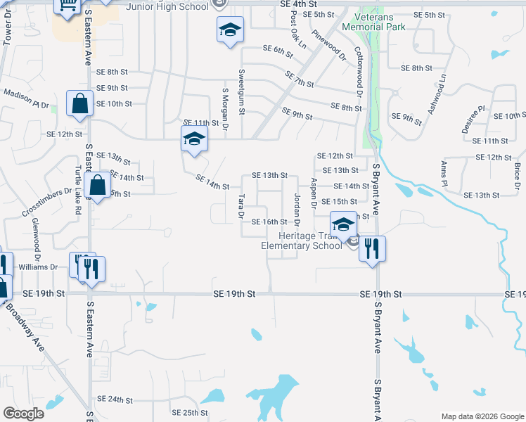 map of restaurants, bars, coffee shops, grocery stores, and more near 1612 Meadow Run Drive in Moore