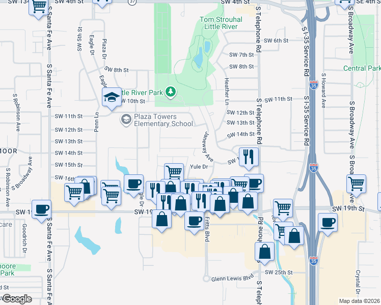 map of restaurants, bars, coffee shops, grocery stores, and more near 1716 Southwest 17th Street in Moore