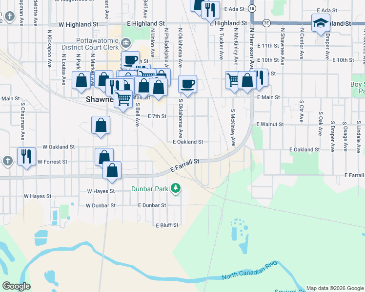 map of restaurants, bars, coffee shops, grocery stores, and more near 321 South Oklahoma Avenue in Shawnee
