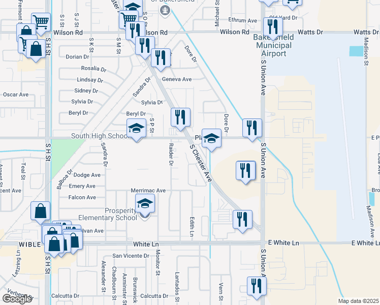 map of restaurants, bars, coffee shops, grocery stores, and more near 15 South Chester Avenue in Bakersfield