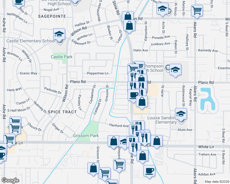 map of restaurants, bars, coffee shops, grocery stores, and more near 3408 Grissom Street in Bakersfield