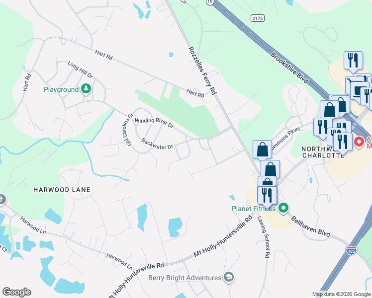 map of restaurants, bars, coffee shops, grocery stores, and more near 9517 Brighthaven Lane in Charlotte