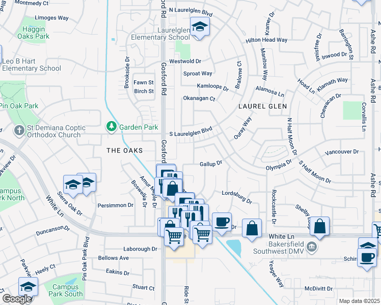map of restaurants, bars, coffee shops, grocery stores, and more near 3401 Flagstaff Way in Bakersfield
