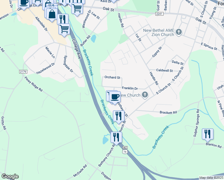 map of restaurants, bars, coffee shops, grocery stores, and more near 213 Westhaven Street in Forest City