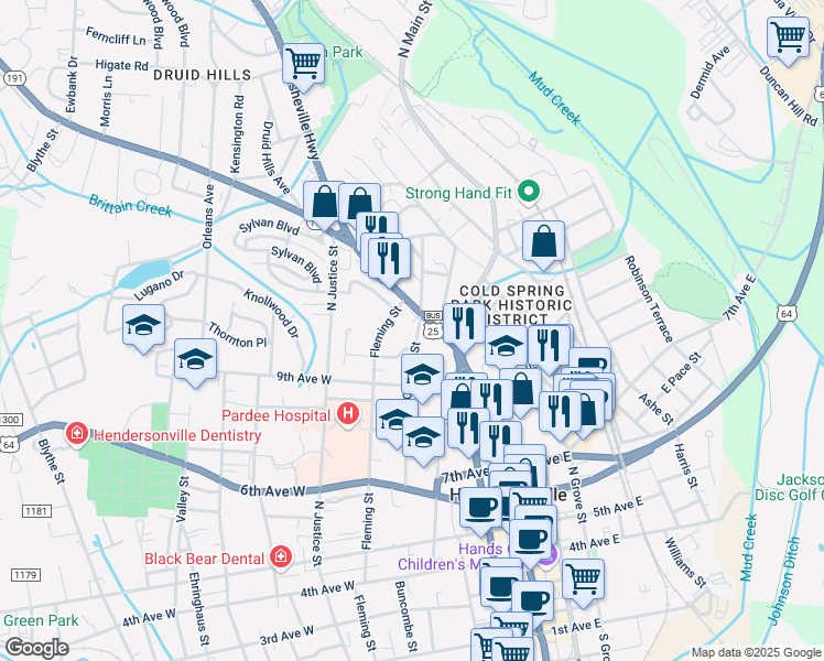 map of restaurants, bars, coffee shops, grocery stores, and more near 1017 Oakland Street in Hendersonville
