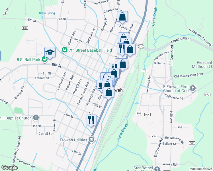 map of restaurants, bars, coffee shops, grocery stores, and more near 126 8th Street in Etowah