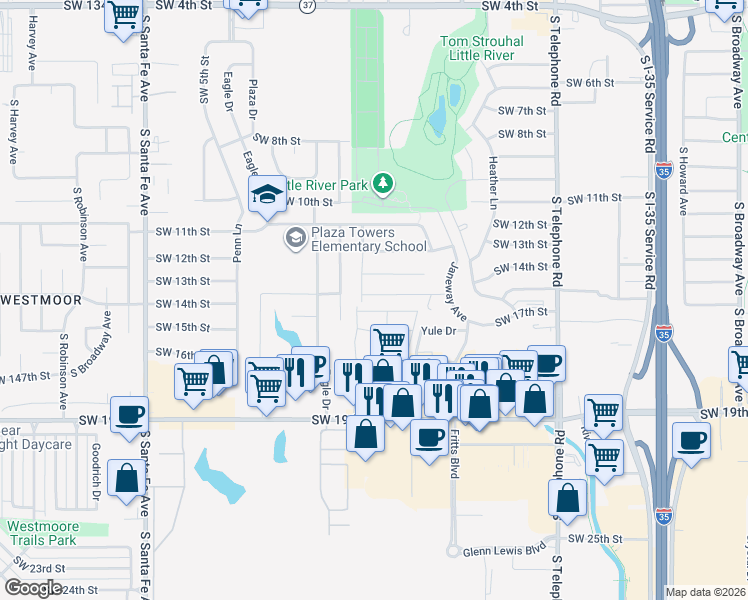 map of restaurants, bars, coffee shops, grocery stores, and more near 1420 Ridgeway Drive in Moore