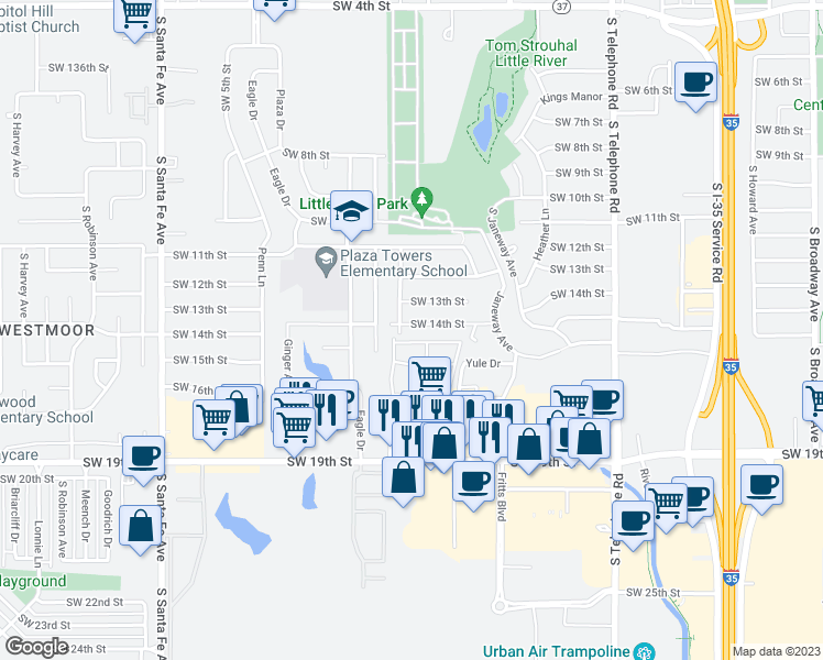 map of restaurants, bars, coffee shops, grocery stores, and more near 766 Southwest 14th Street in Moore