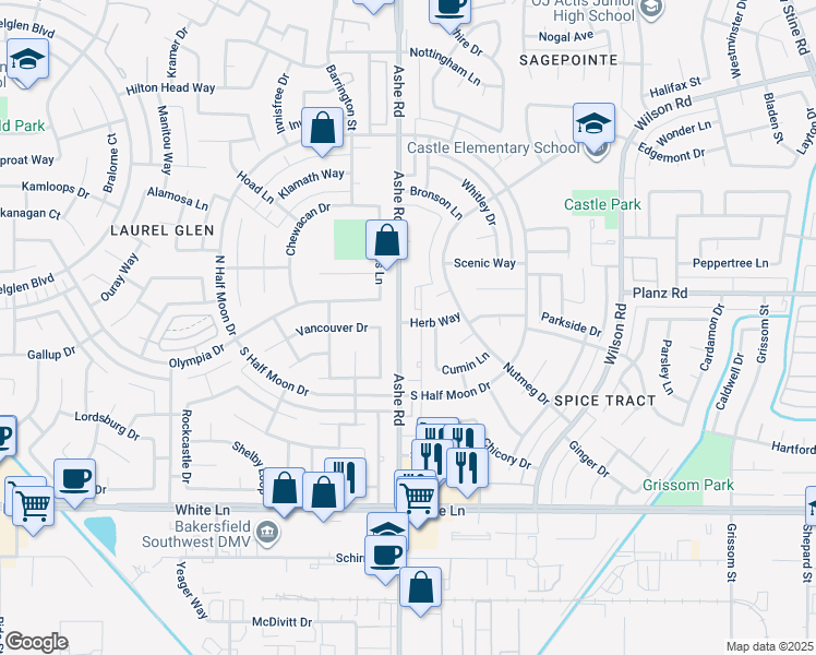 map of restaurants, bars, coffee shops, grocery stores, and more near 3412 Waldport Lane in Bakersfield