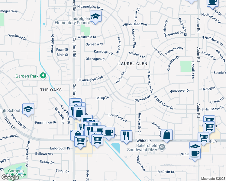 map of restaurants, bars, coffee shops, grocery stores, and more near 7608 Deming Court in Bakersfield