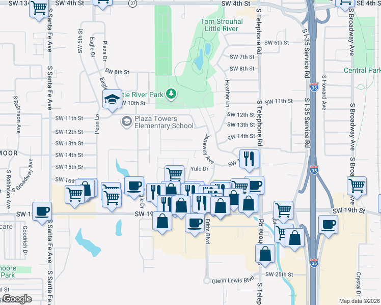 map of restaurants, bars, coffee shops, grocery stores, and more near 1716 Southwest 17th Street in Moore